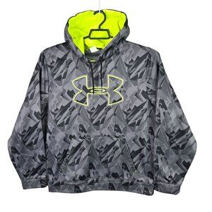 Mens Under Armour Gray & Black Camo Loose Fit Hoodie Neon Yellow Lining Size L